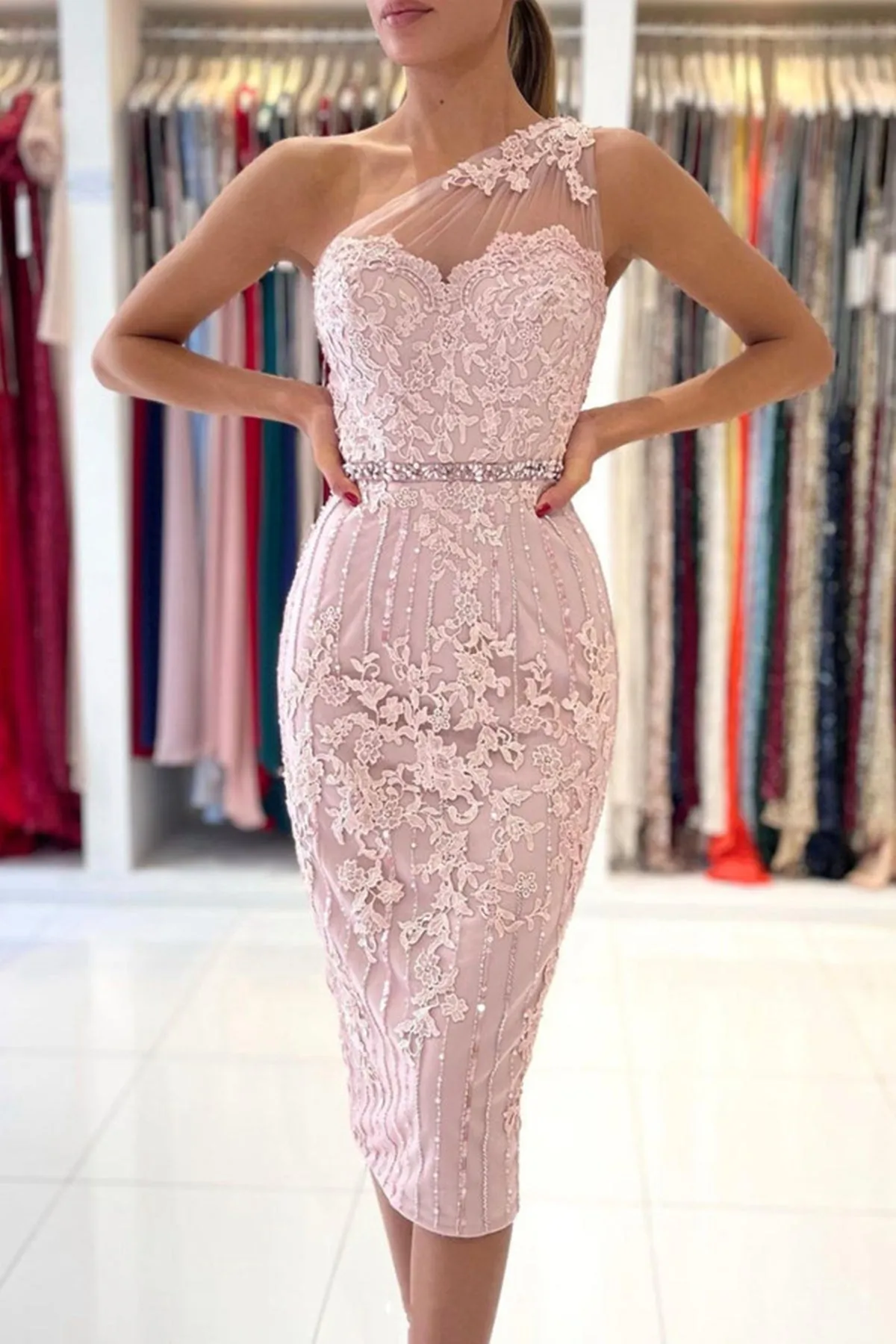 One Shoulder Mermaid Pink Lace Prom Dress, Mermaid Pink Homecoming Dress, Short Pink Lace Formal Evening Dress A1660