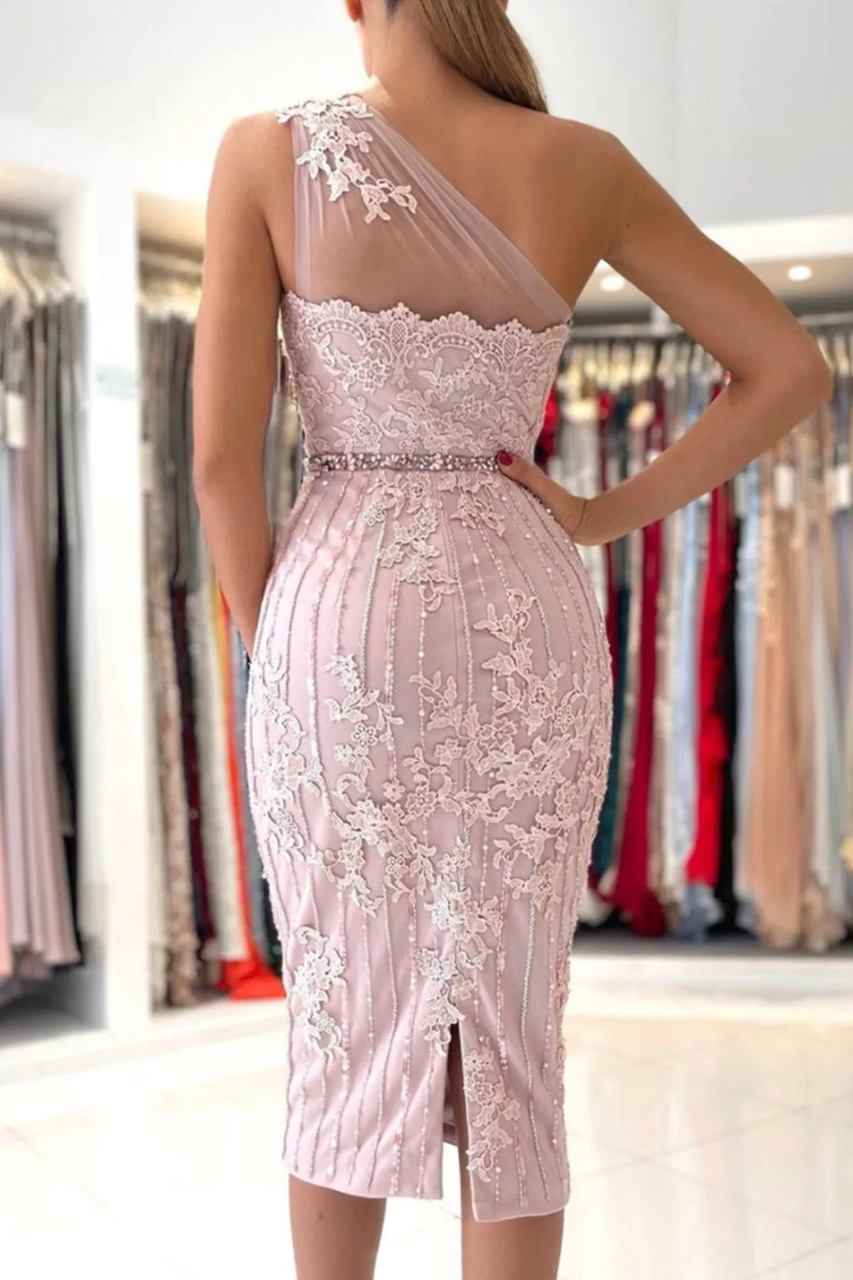 One Shoulder Mermaid Pink Lace Prom Dress, Mermaid Pink Homecoming Dress, Short Pink Lace Formal Evening Dress A1660