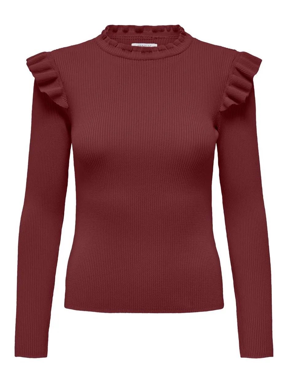 Onlsia Sally Ruffle Ls Pullover Knt - Bordeaux