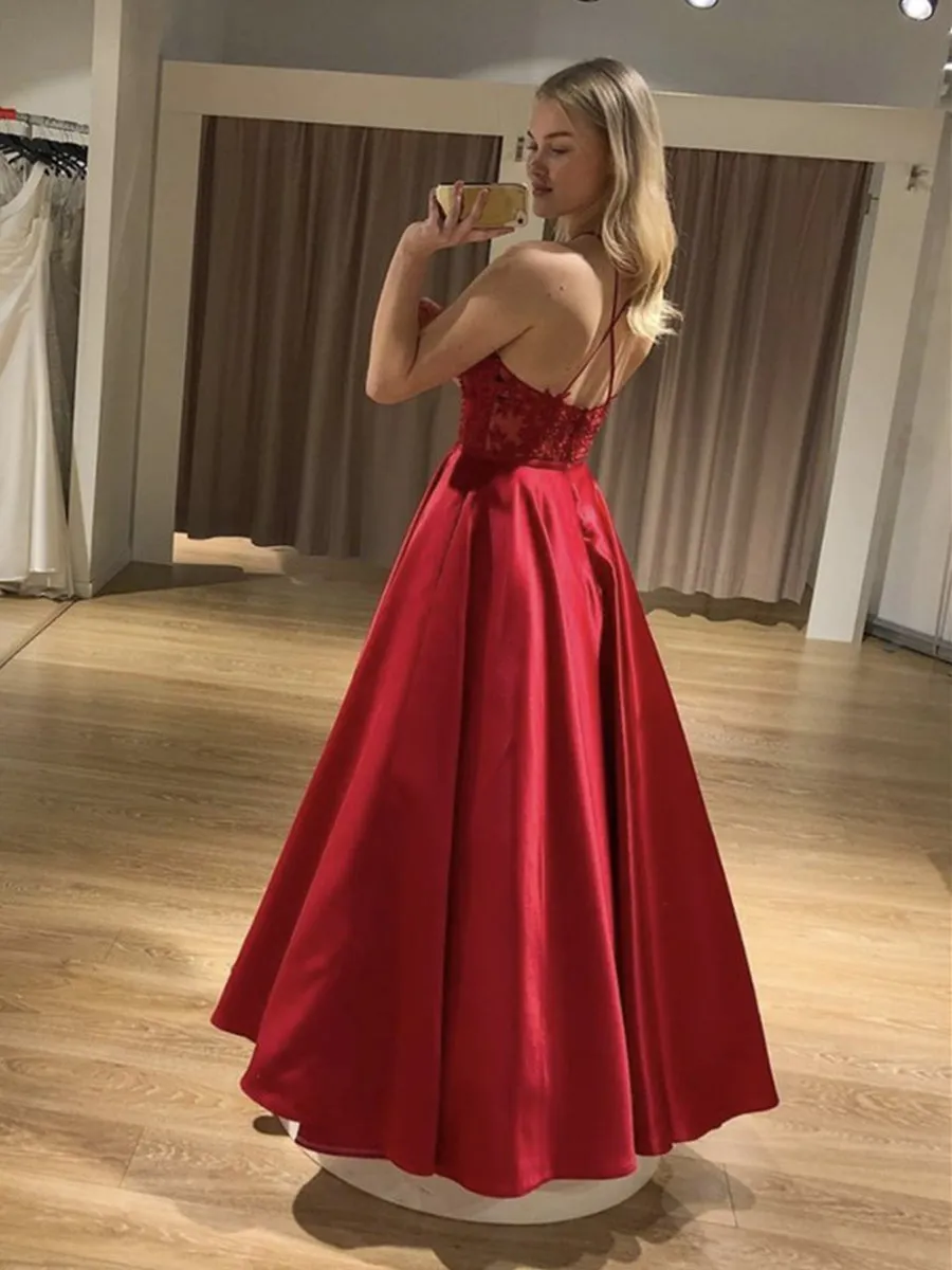 Open Back Floor Length Long Red Lace Prom with Straps, Backless Red Lace Formal Graduation Evening