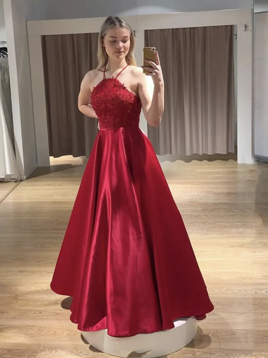 Open Back Floor Length Long Red Lace Prom with Straps, Backless Red Lace Formal Graduation Evening