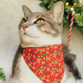 Pet Bandana - "Christmas Treats - Red" - Holiday Gingerbread Bandana for Cat   Small Dog / Slide-on Bandana / Over-the-Collar (One Size)