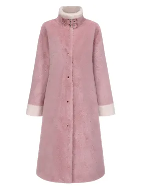 Pink 1950s Solid Stand Collar Faux Fur Long Coat