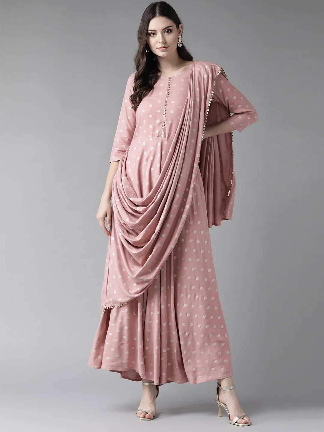 Pink & Golden Printed Maxi Dress With Attached Dupatta