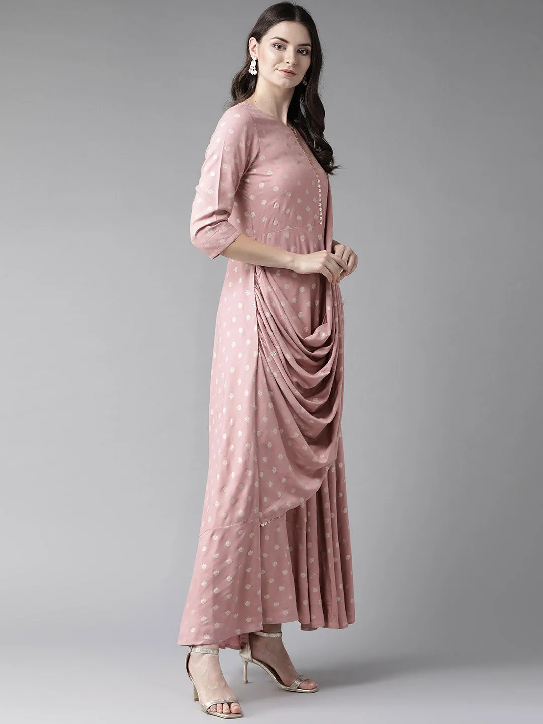 Pink & Golden Printed Maxi Dress With Attached Dupatta