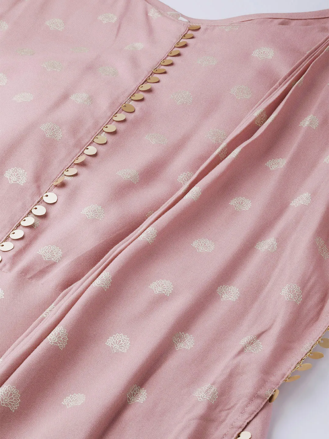 Pink & Golden Printed Maxi Dress With Attached Dupatta