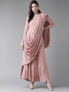 Pink & Golden Printed Maxi Dress With Attached Dupatta