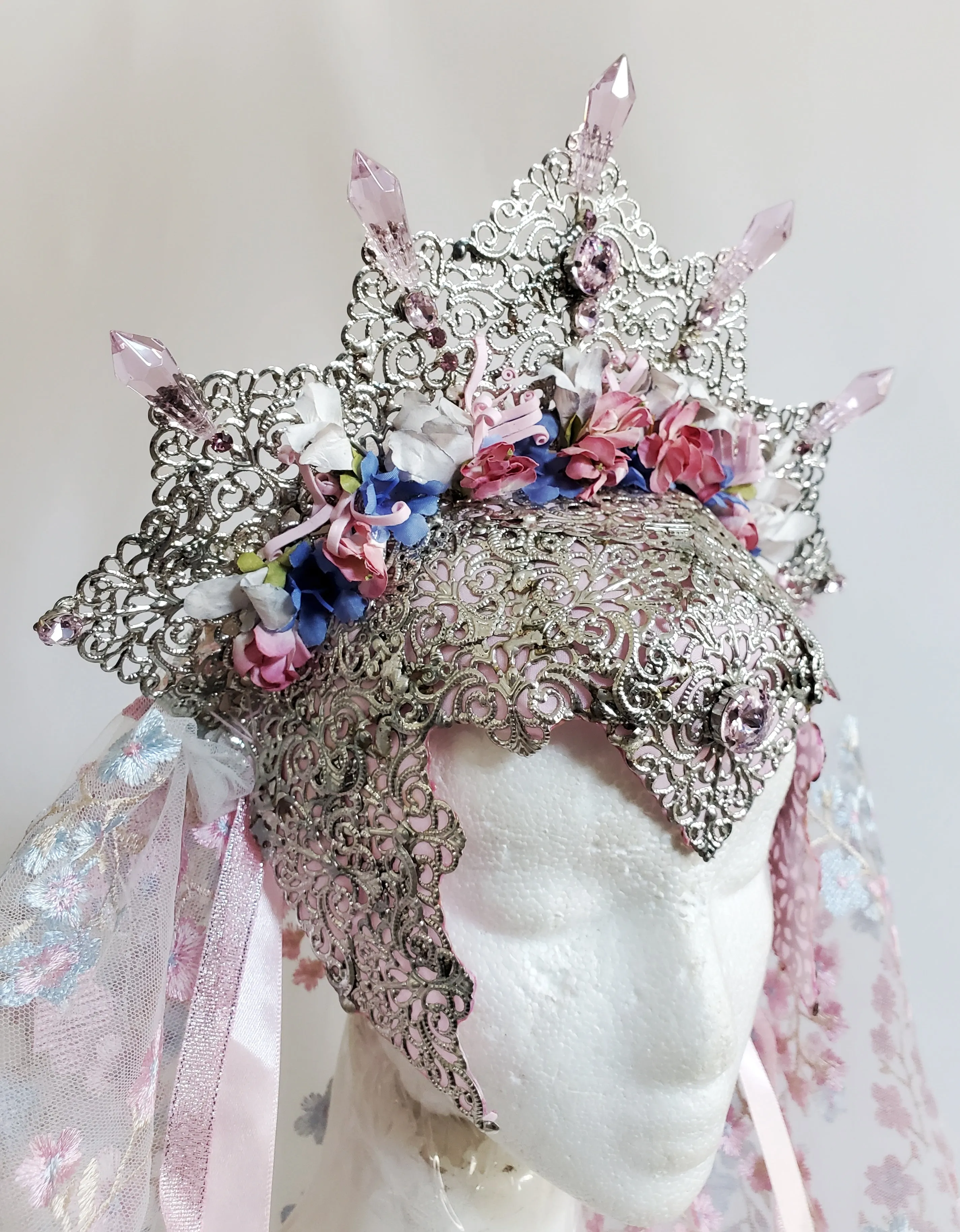 Pink Crown Headress with Embroidered Veil