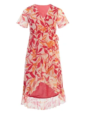 Pink Peacock Paradise Mesh Rose Faux-Wrap Dress