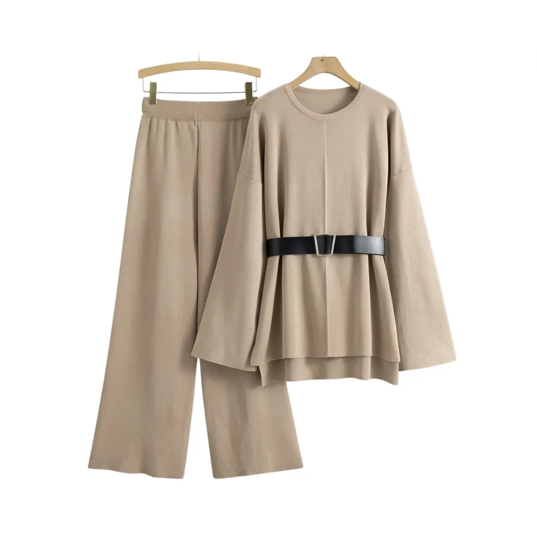 Pre Order: Knitted Loose Belted Sweater   Wide Leg Pants Set