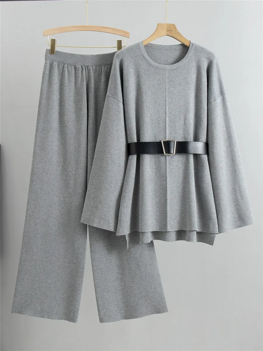 Pre Order: Knitted Loose Belted Sweater   Wide Leg Pants Set