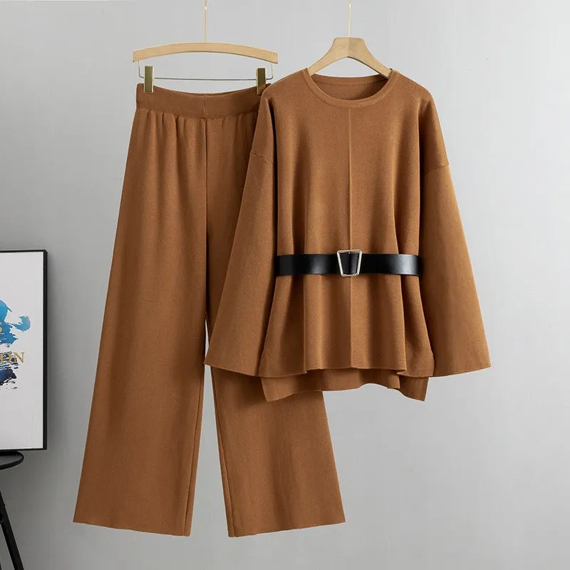 Pre Order: Knitted Loose Belted Sweater   Wide Leg Pants Set