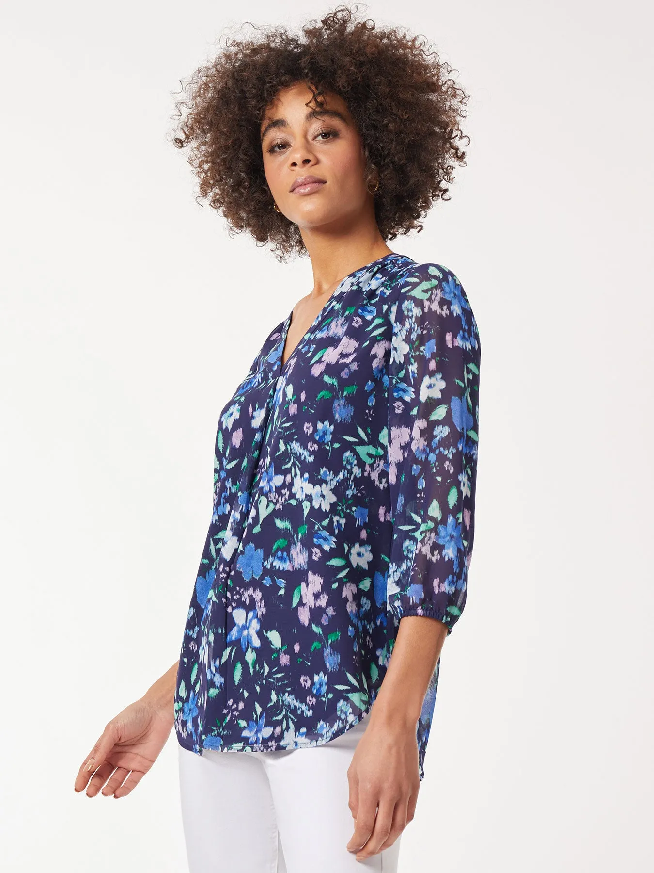 Printed V-Neck Pleated Kelly Blouse