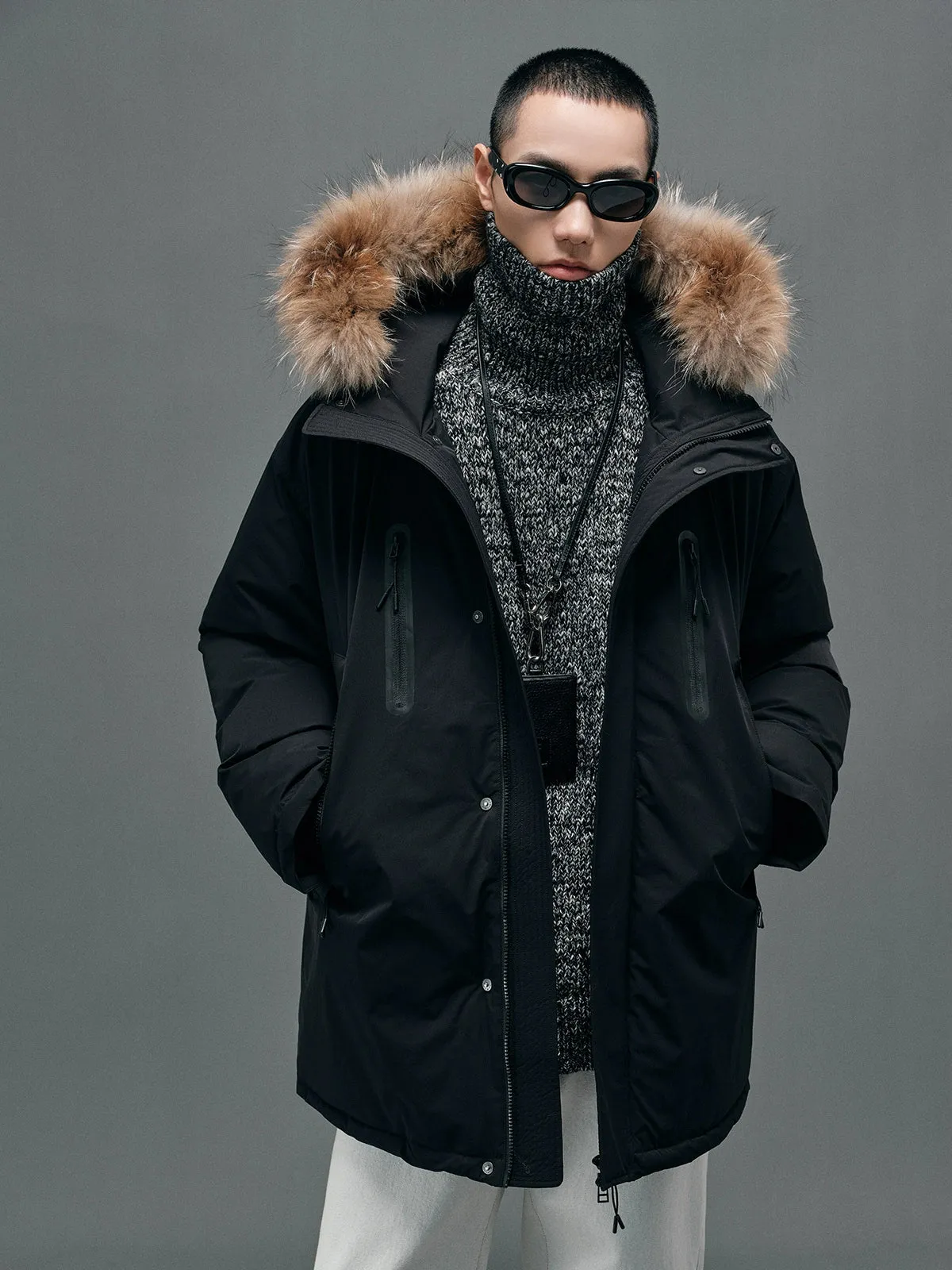 Raccoon Fur-Collar Hooded Down Coat