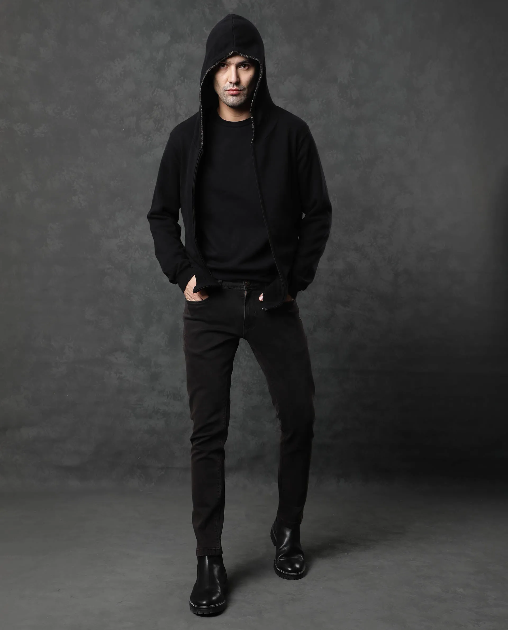 Rare Rabbit Men's Zarry Black Solid Hooded Pullover