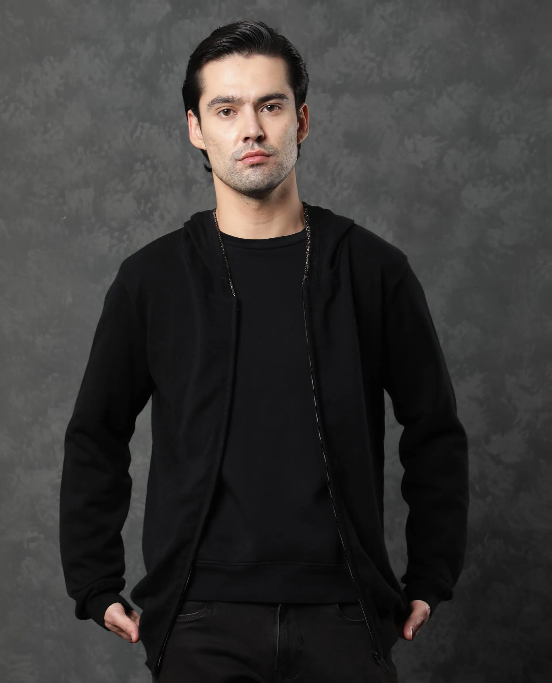 Rare Rabbit Men's Zarry Black Solid Hooded Pullover