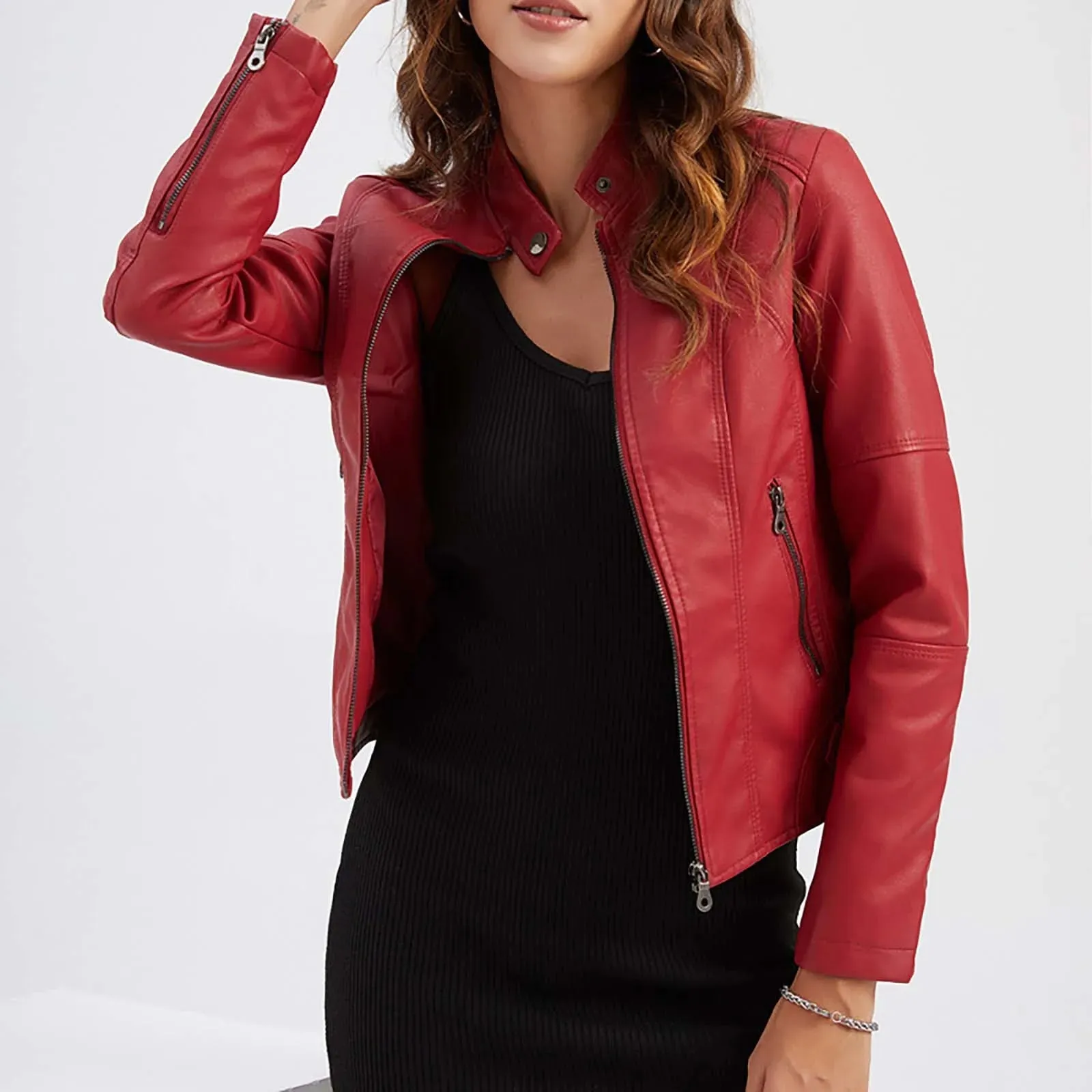 Red Long Sleeve Solid Standing Collar Women's Blazer Coat Jacket