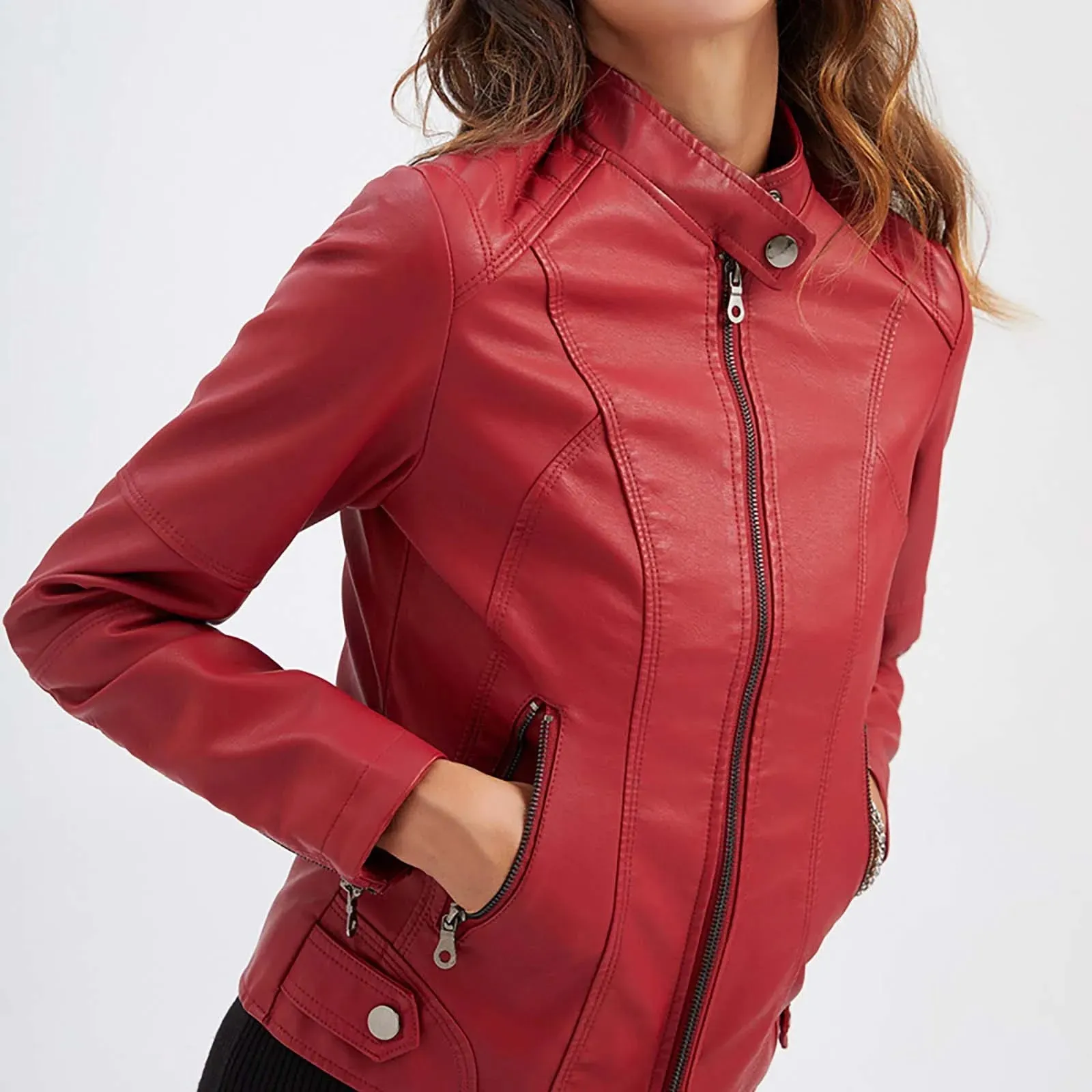 Red Long Sleeve Solid Standing Collar Women's Blazer Coat Jacket