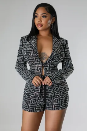 RHINESTONE TWO PIECE BLAZER AND SHORT SET (BLACK)