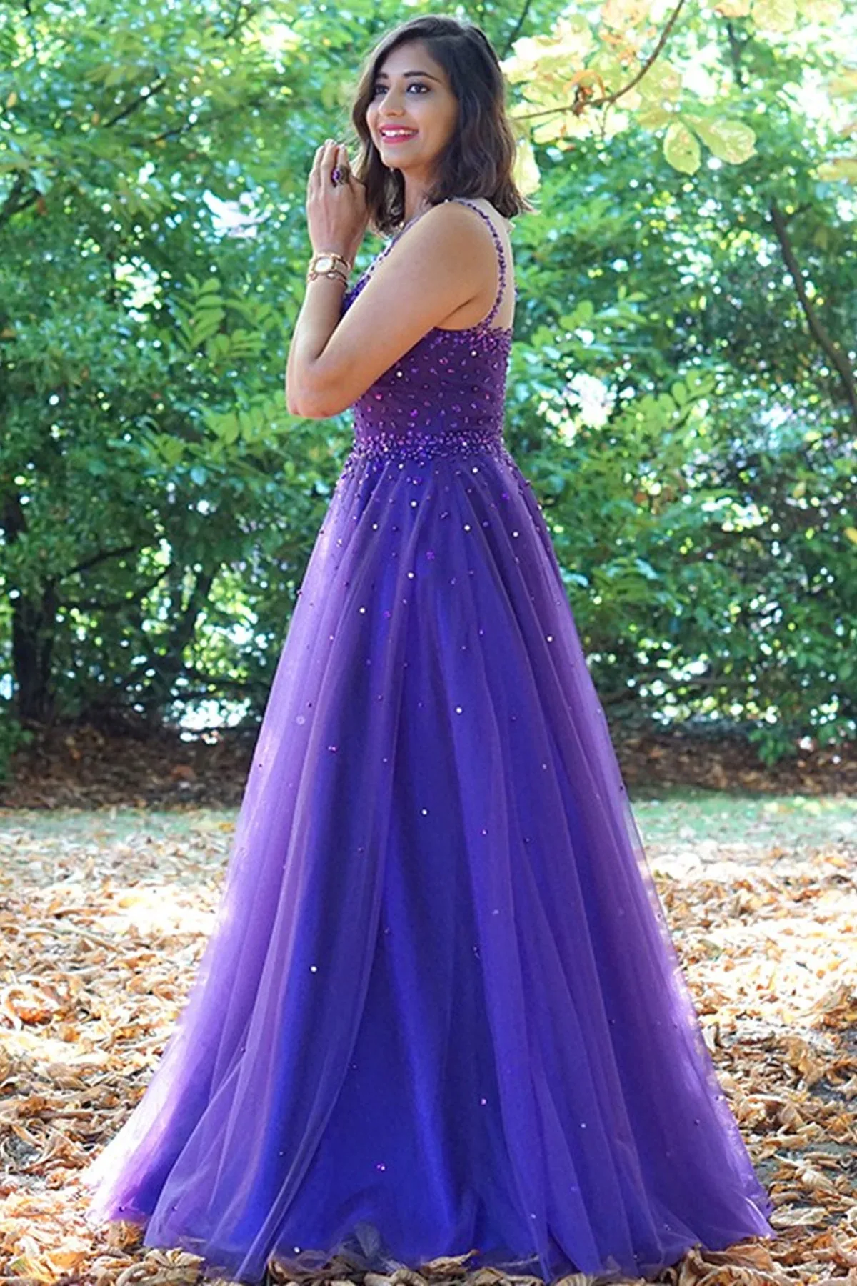 Round Neck Purple Tulle Beaded Long Prom Dresses, Purple Tulle Formal Evening Dresses with Beading A1435