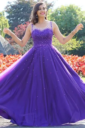 Round Neck Purple Tulle Beaded Long Prom Dresses, Purple Tulle Formal Evening Dresses with Beading A1435