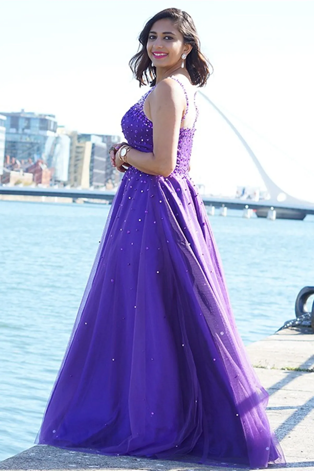 Round Neck Purple Tulle Beaded Long Prom Dresses, Purple Tulle Formal Evening Dresses with Beading A1435