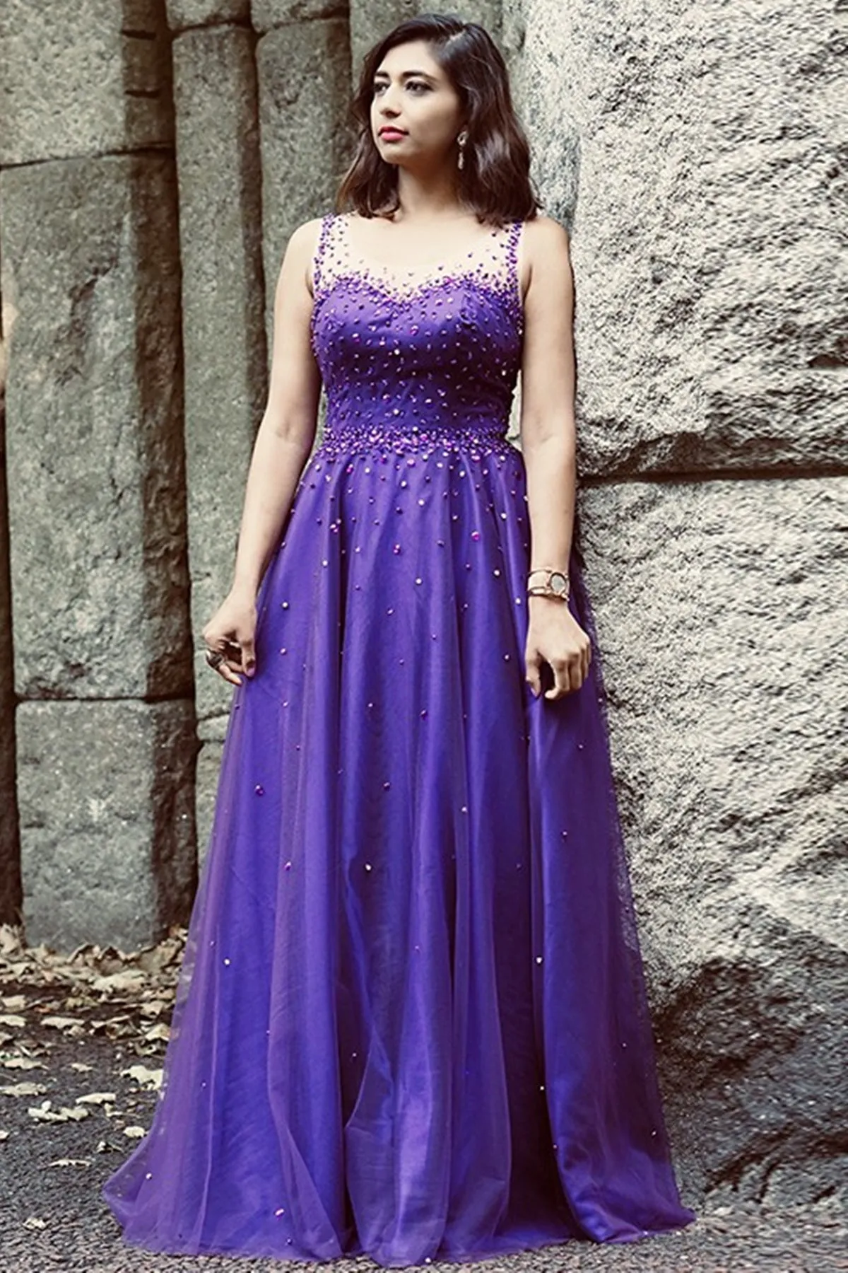 Round Neck Purple Tulle Beaded Long Prom Dresses, Purple Tulle Formal Evening Dresses with Beading A1435