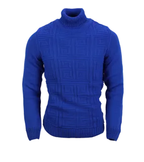 Royal Blue Men's Sweaters Greek Key Design Turtleneck Sweaters Light Blend