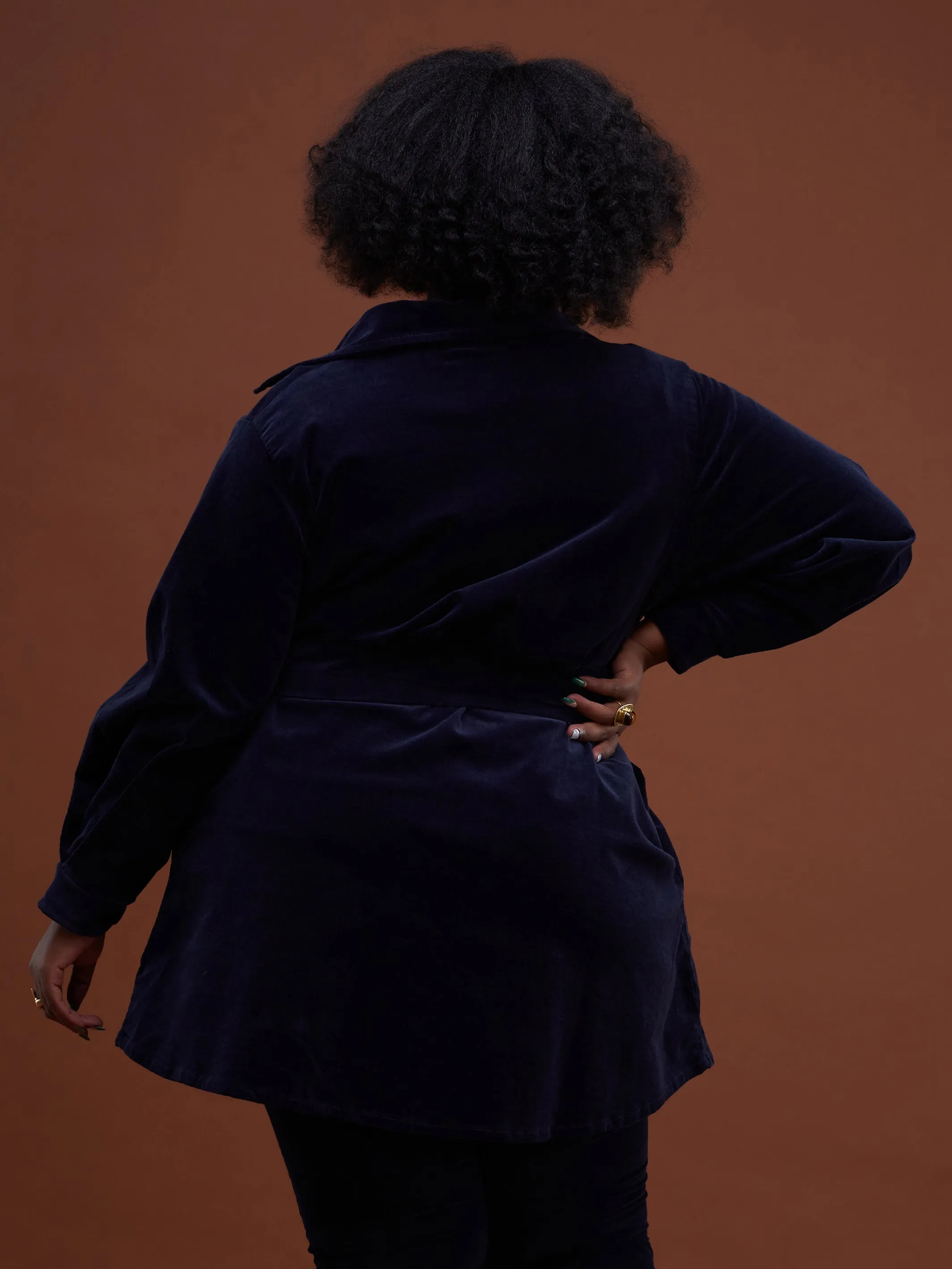 Safari Basic Belted Corduroy Coat (Long) - Navy Blue