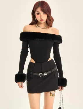 Sarah Solid Color Black Patchwork Faux Fur Off The Shoulder Bodysuit