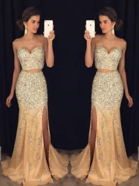 Sexy Sweetheart Neck Two Pieces Mermaid Beaded Champagne Prom 2019, Two Pieces Mermaid Champagne Formal, Evening