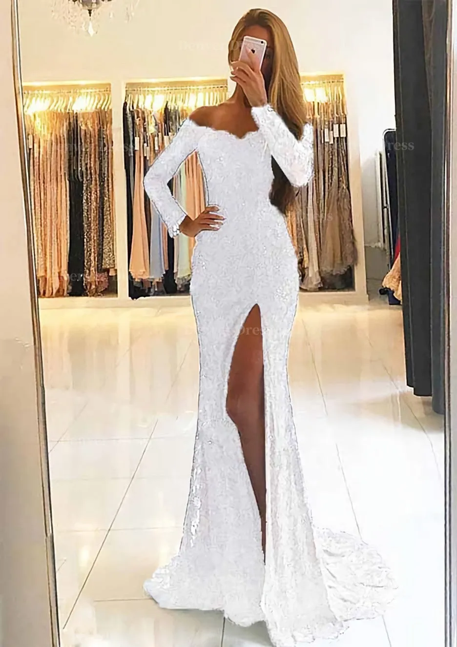 Sheath/Column Off-the-Shoulder Full/Long Sleeve Sweep Train Lace Dress With Split