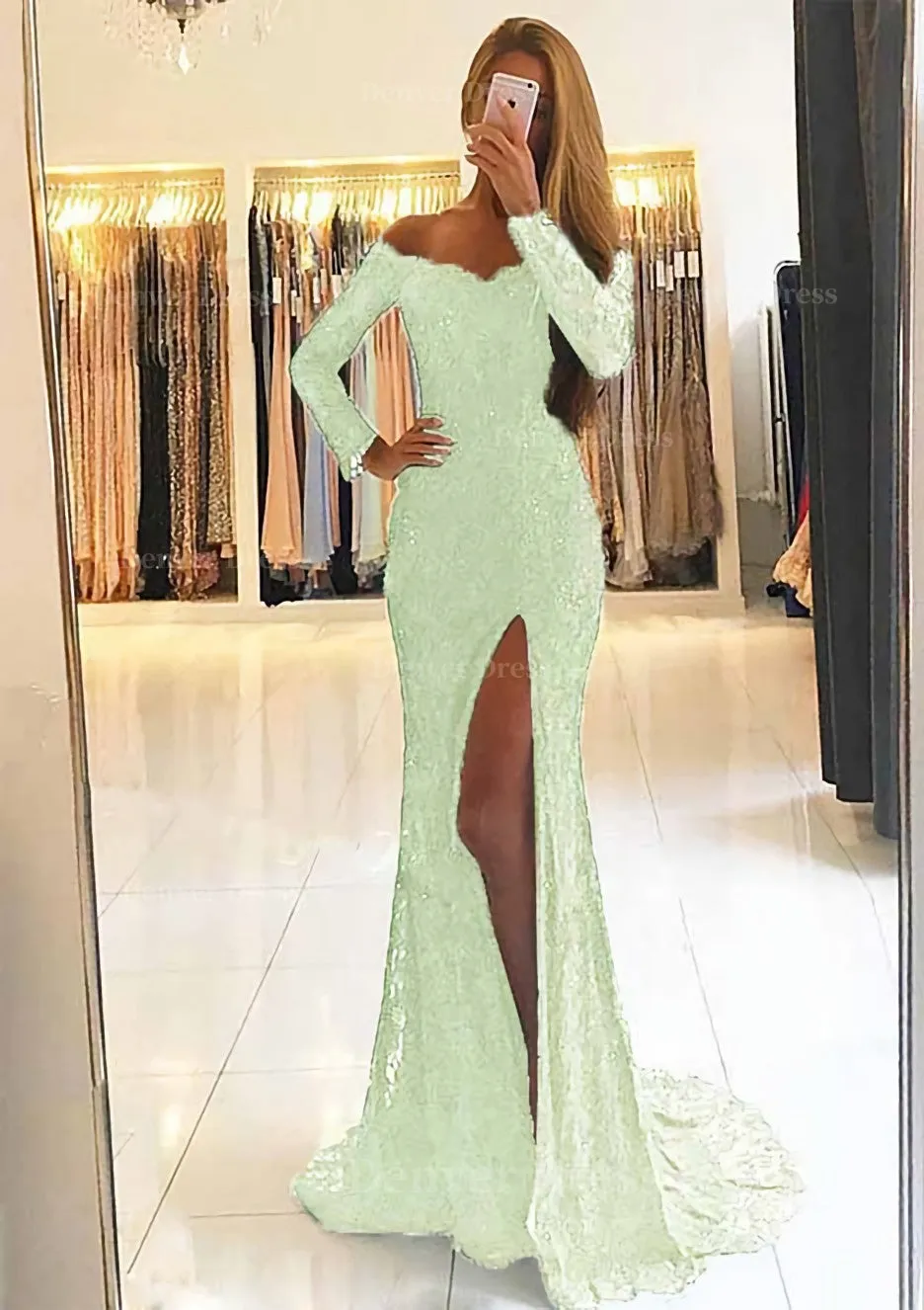 Sheath/Column Off-the-Shoulder Full/Long Sleeve Sweep Train Lace Dress With Split