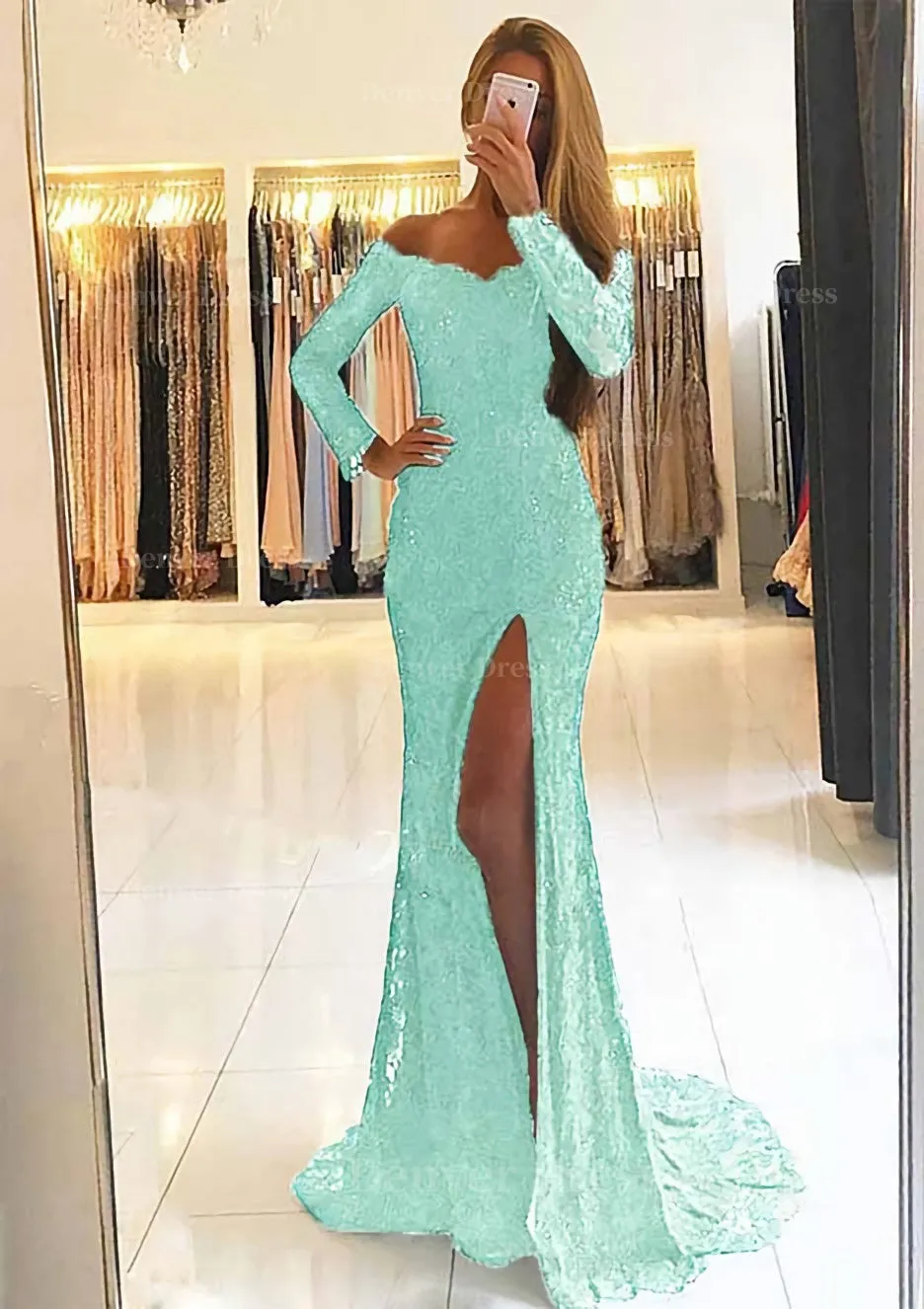 Sheath/Column Off-the-Shoulder Full/Long Sleeve Sweep Train Lace Dress With Split