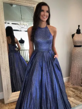 Shiny Halter Neck Backless Dark Blue Long Prom Dresses with Pocket, Backless Blue Formal Graduation Evening Dresses