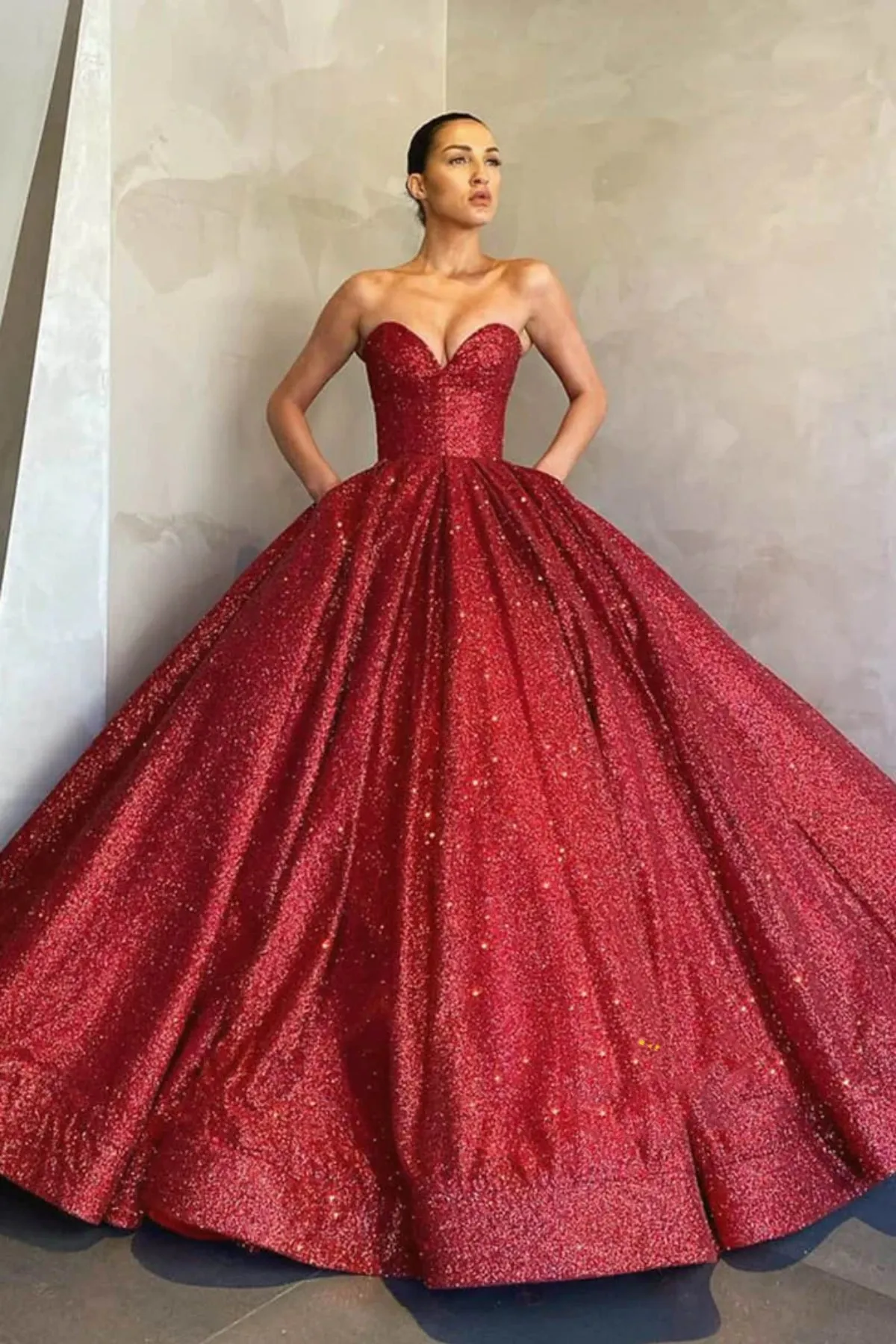 Shiny Strapless Sweetheart Neck Burgundy Long Prom Dress, Strapless Formal Evening Dress, Burgundy Ball Gown A2084