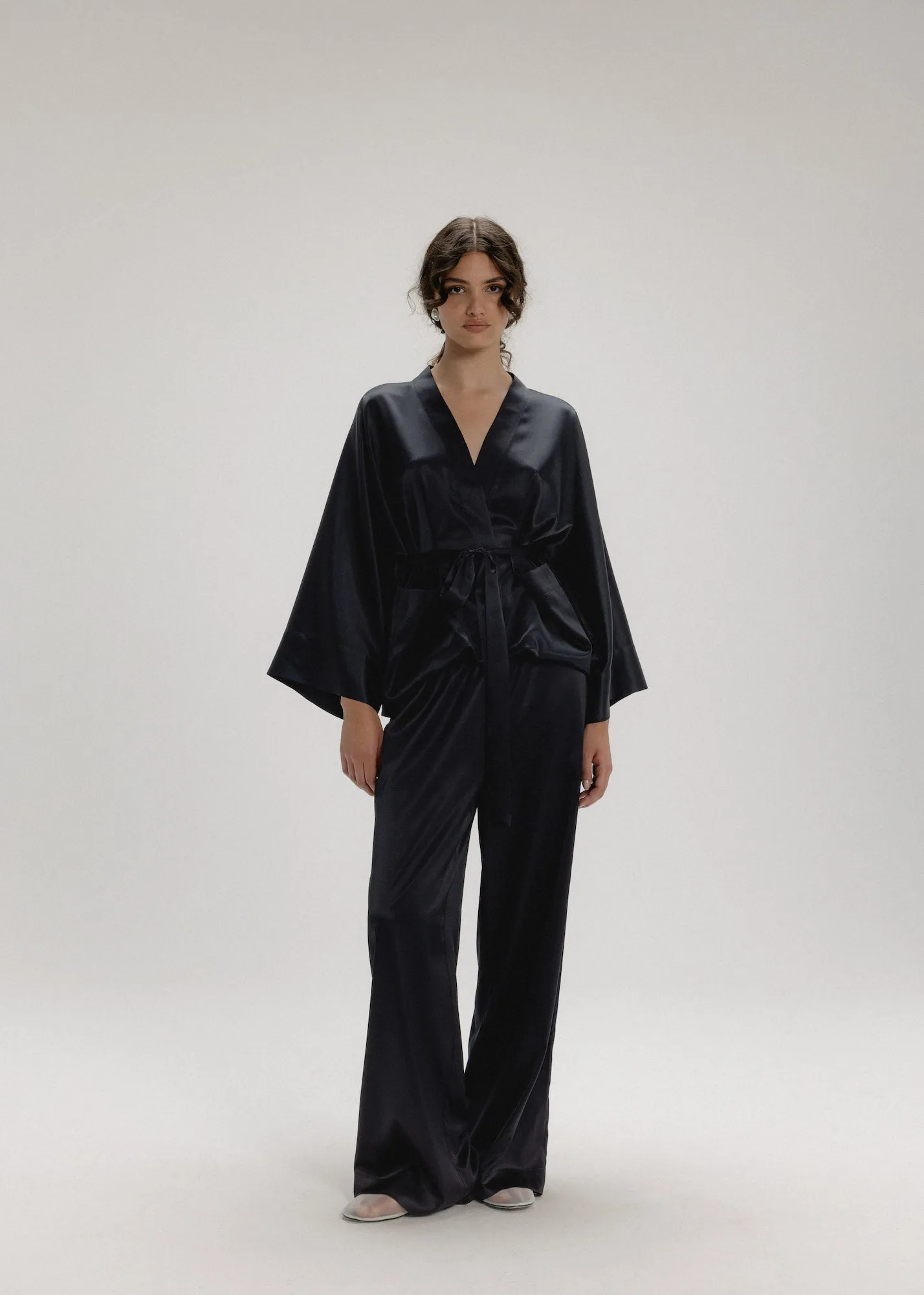 Silk Kimono Jacket Set in Black