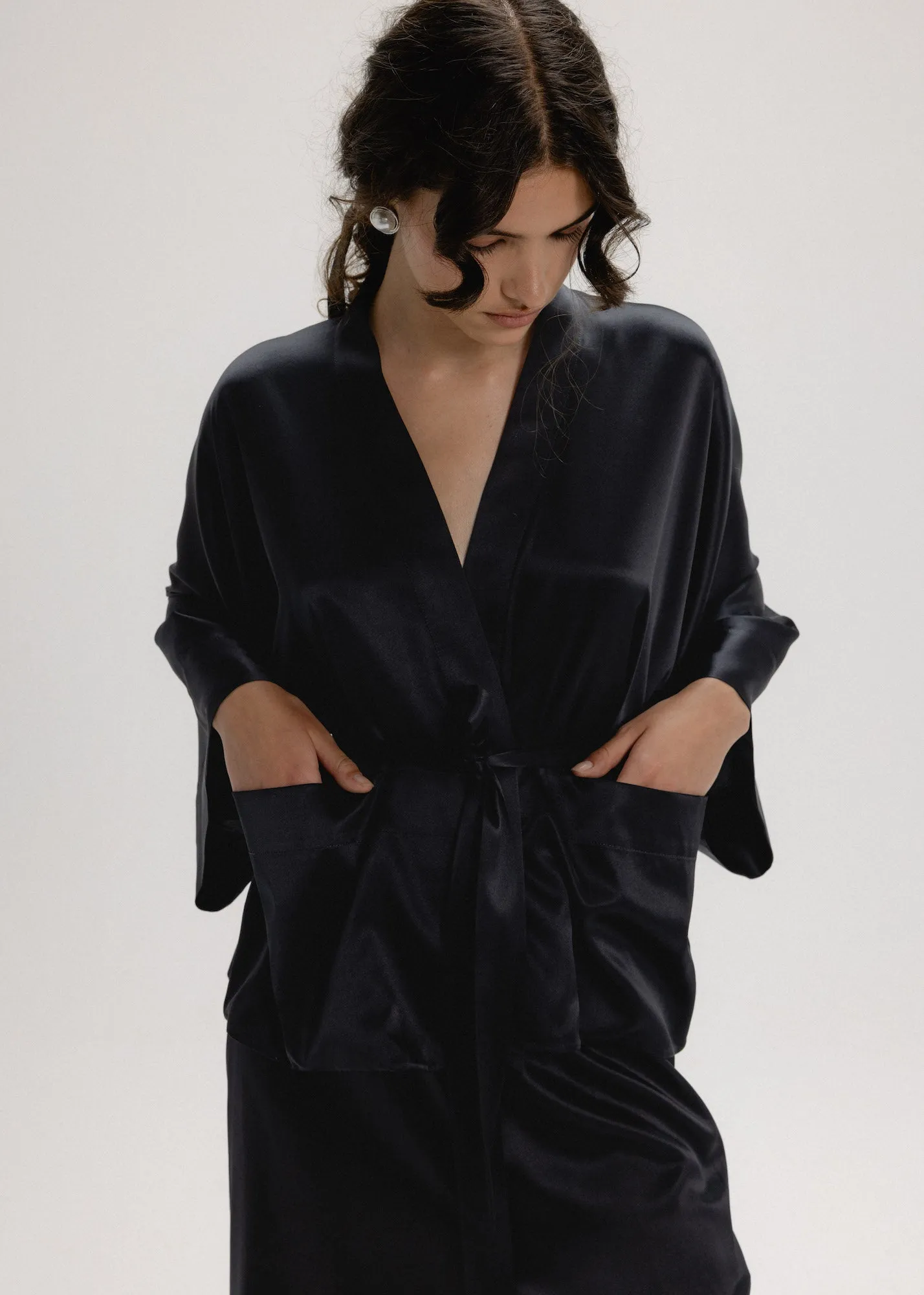 Silk Kimono Jacket Set in Black