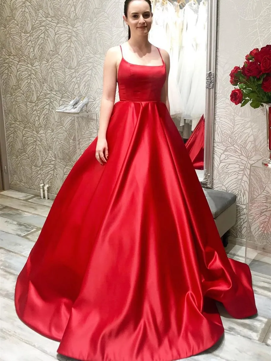 Simple Spaghetti Straps Long Backless Red Prom 2020, Backless Red Formal Graduation Evening, Red Party