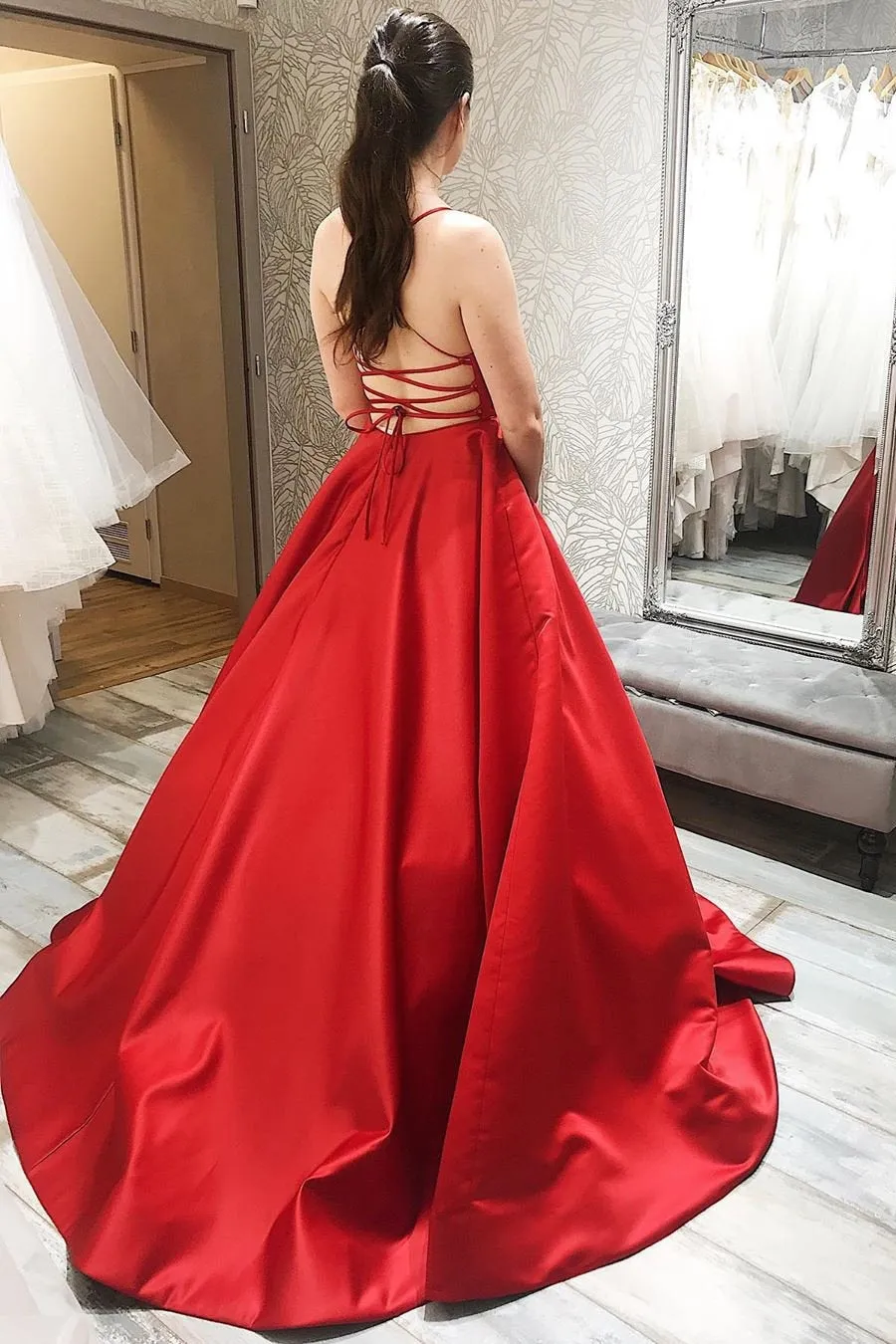 Simple Spaghetti Straps Long Backless Red Prom 2020, Backless Red Formal Graduation Evening, Red Party