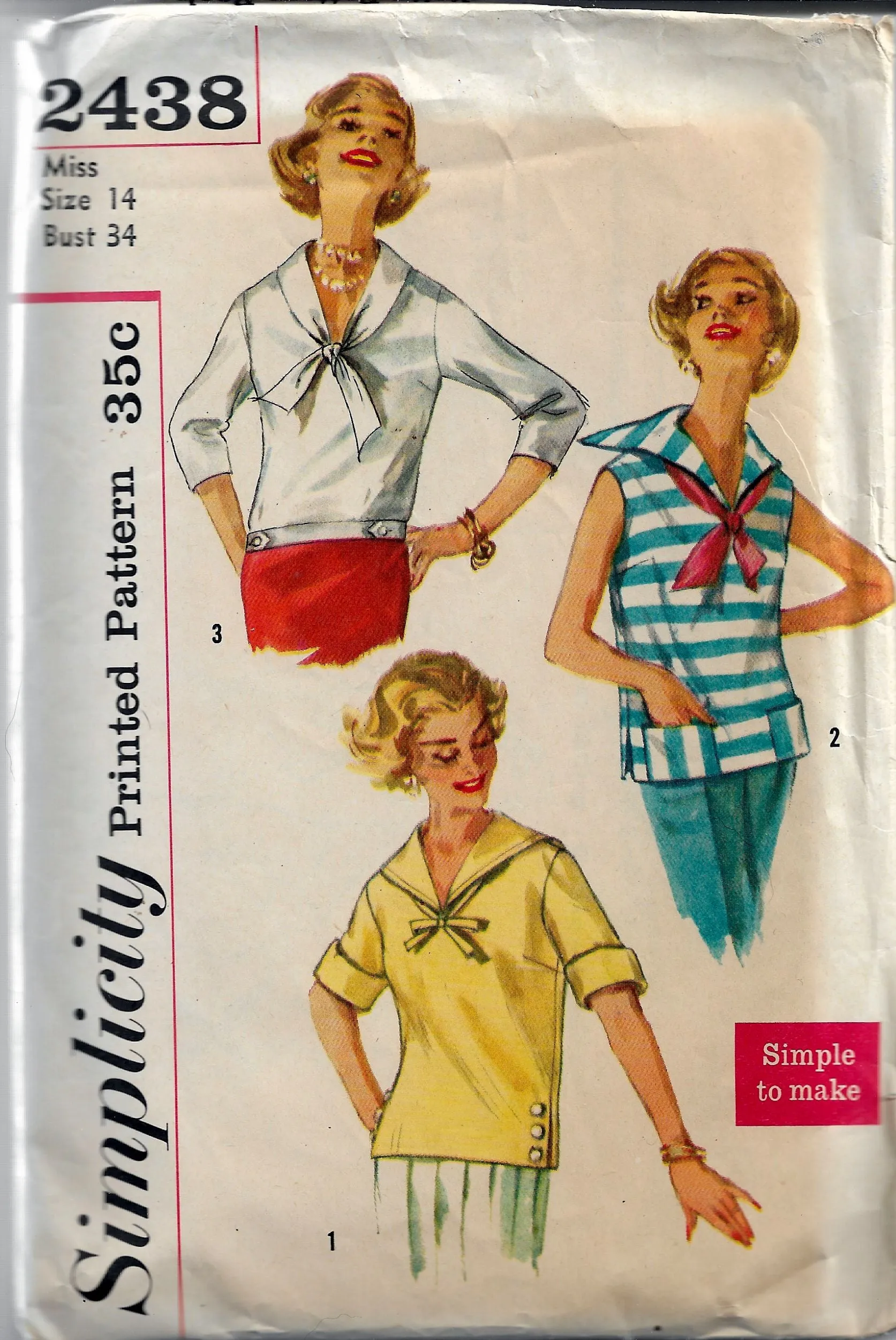 Simplicity 2438 Ladies Blouse Sleeveless Vintage Sewing Pattern 1950s