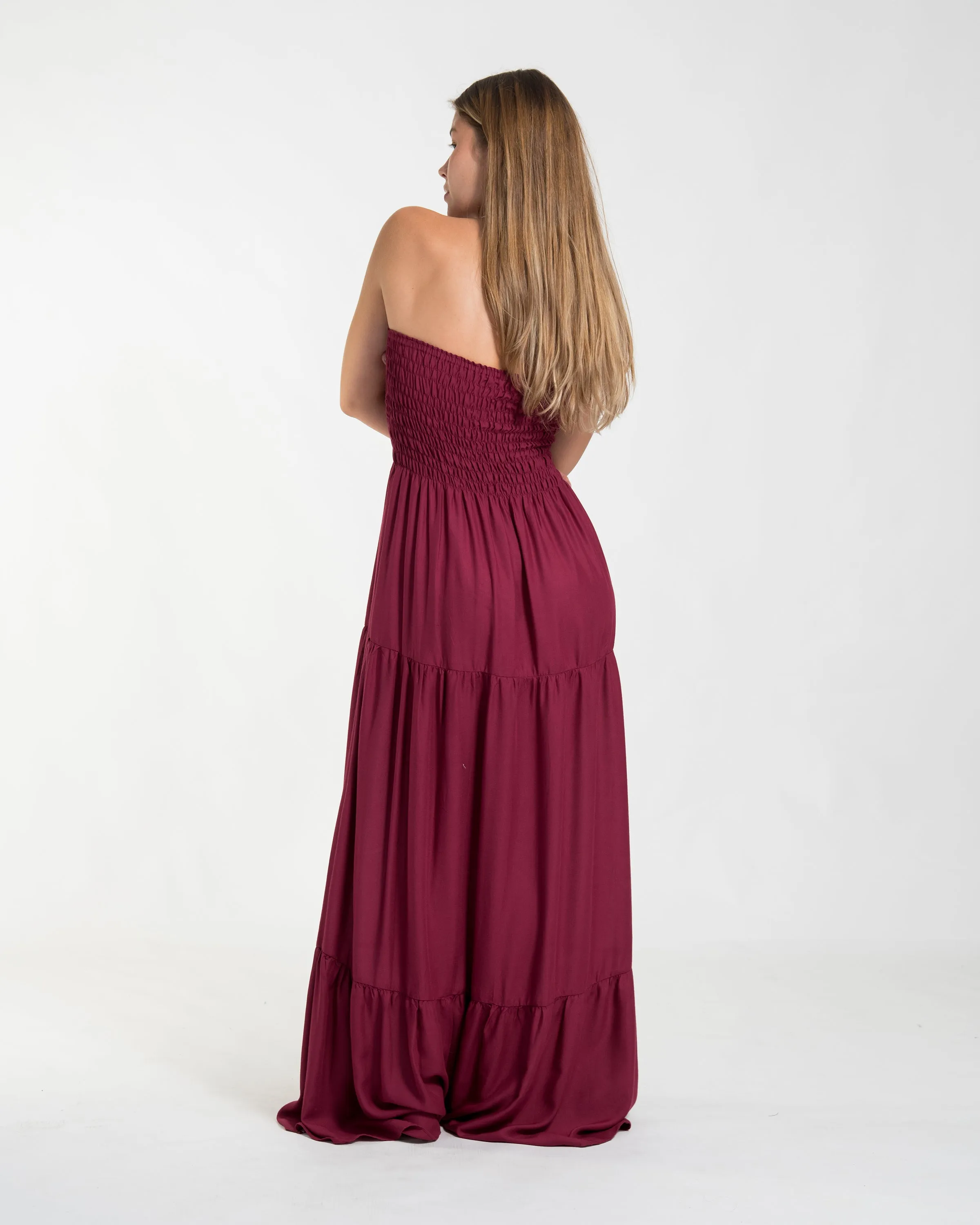 Solid Color Smocked Maxi Dress in Red