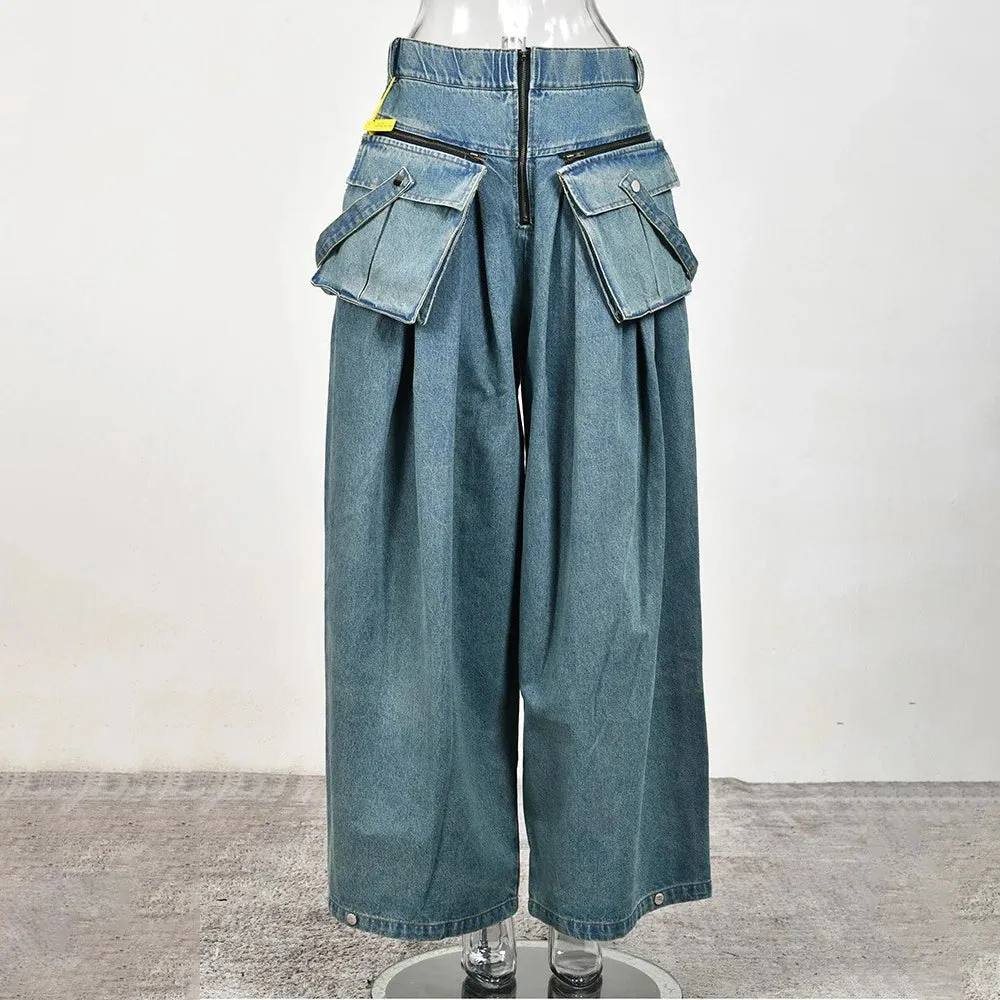 Solid Denim Two Piece Set For Women Turtleneck Long Sleeve Top High Waist Wide Leg Jeans Spliced Zipper Casual Sets Female