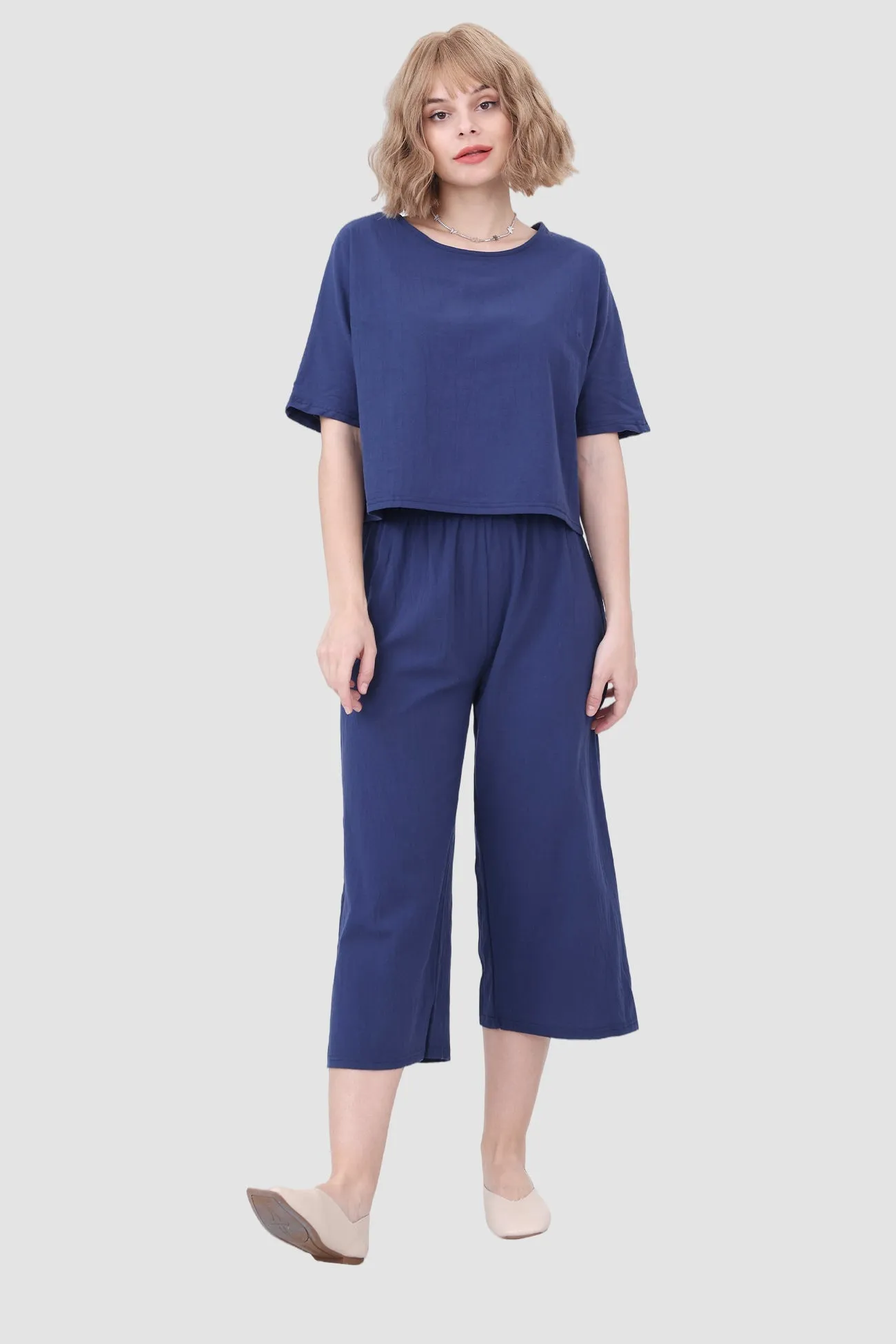 Solid Short Sleeve Top & Elastic Waist Pants