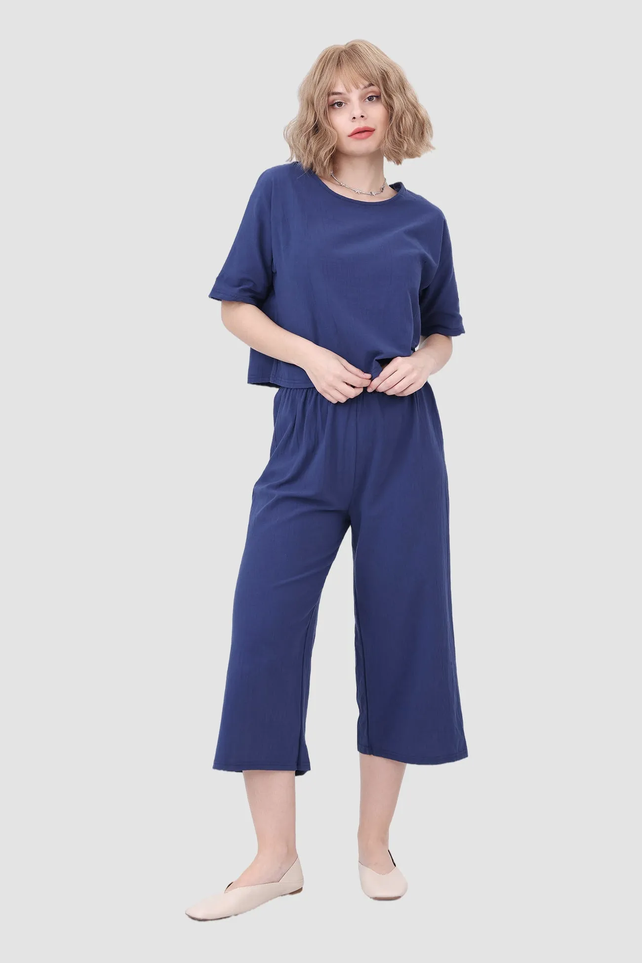 Solid Short Sleeve Top & Elastic Waist Pants