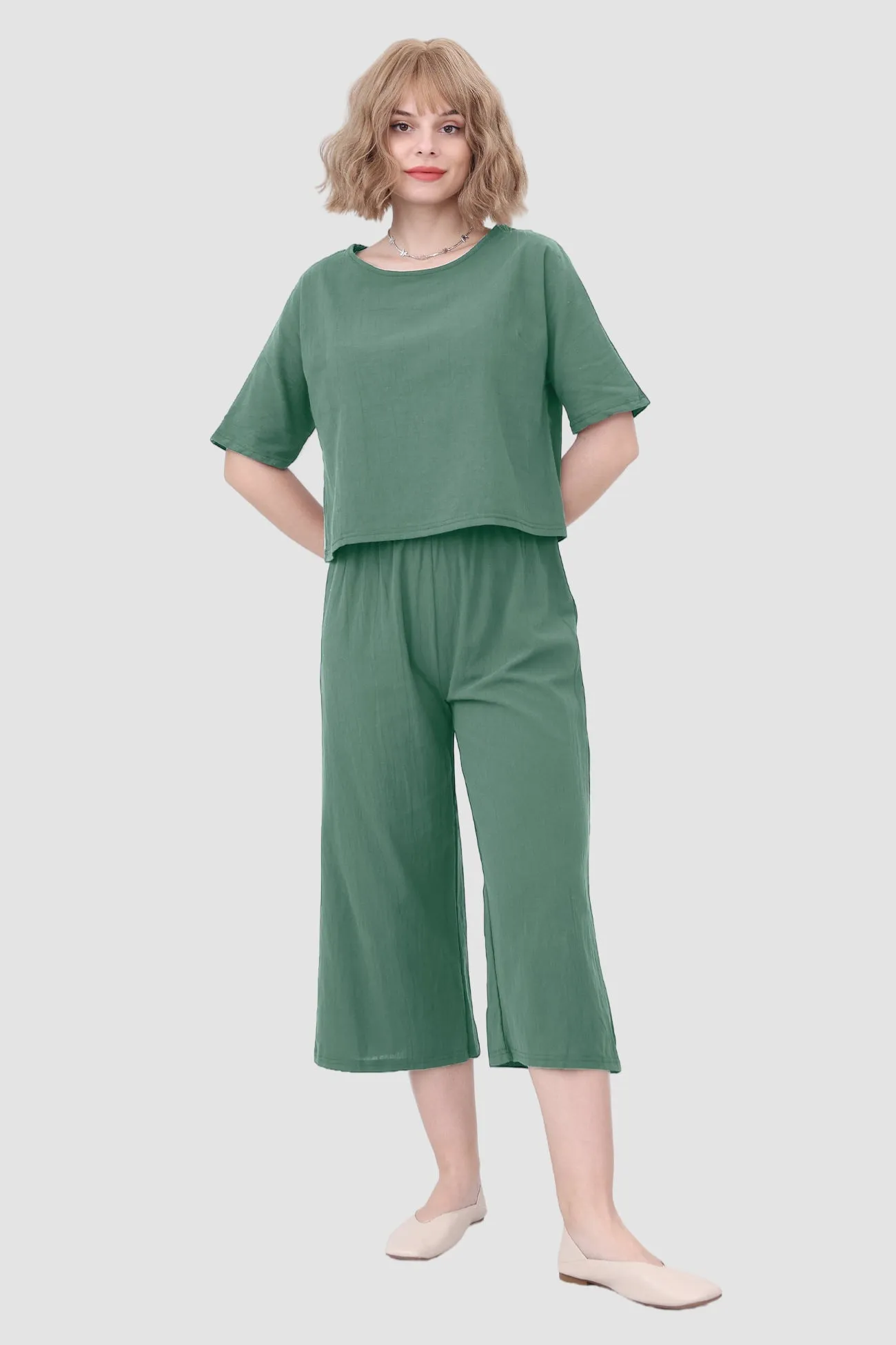 Solid Short Sleeve Top & Elastic Waist Pants