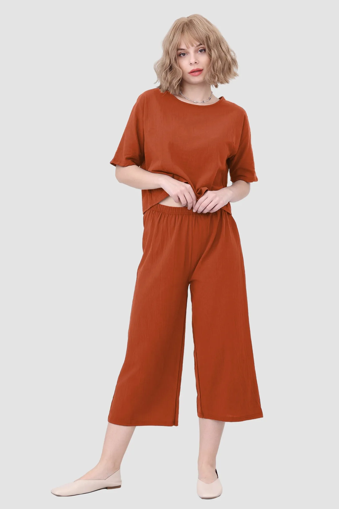 Solid Short Sleeve Top & Elastic Waist Pants