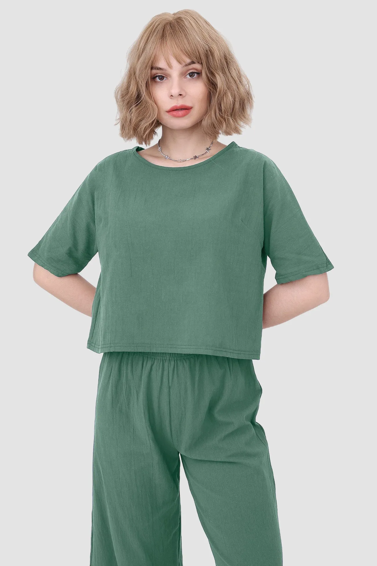 Solid Short Sleeve Top & Elastic Waist Pants