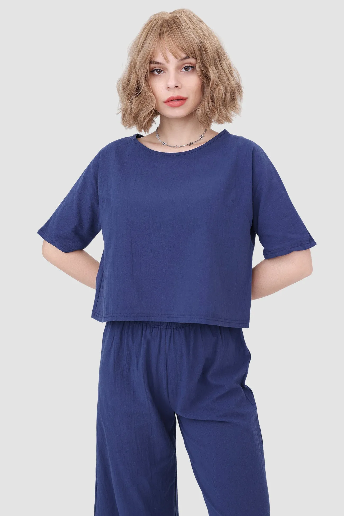 Solid Short Sleeve Top & Elastic Waist Pants