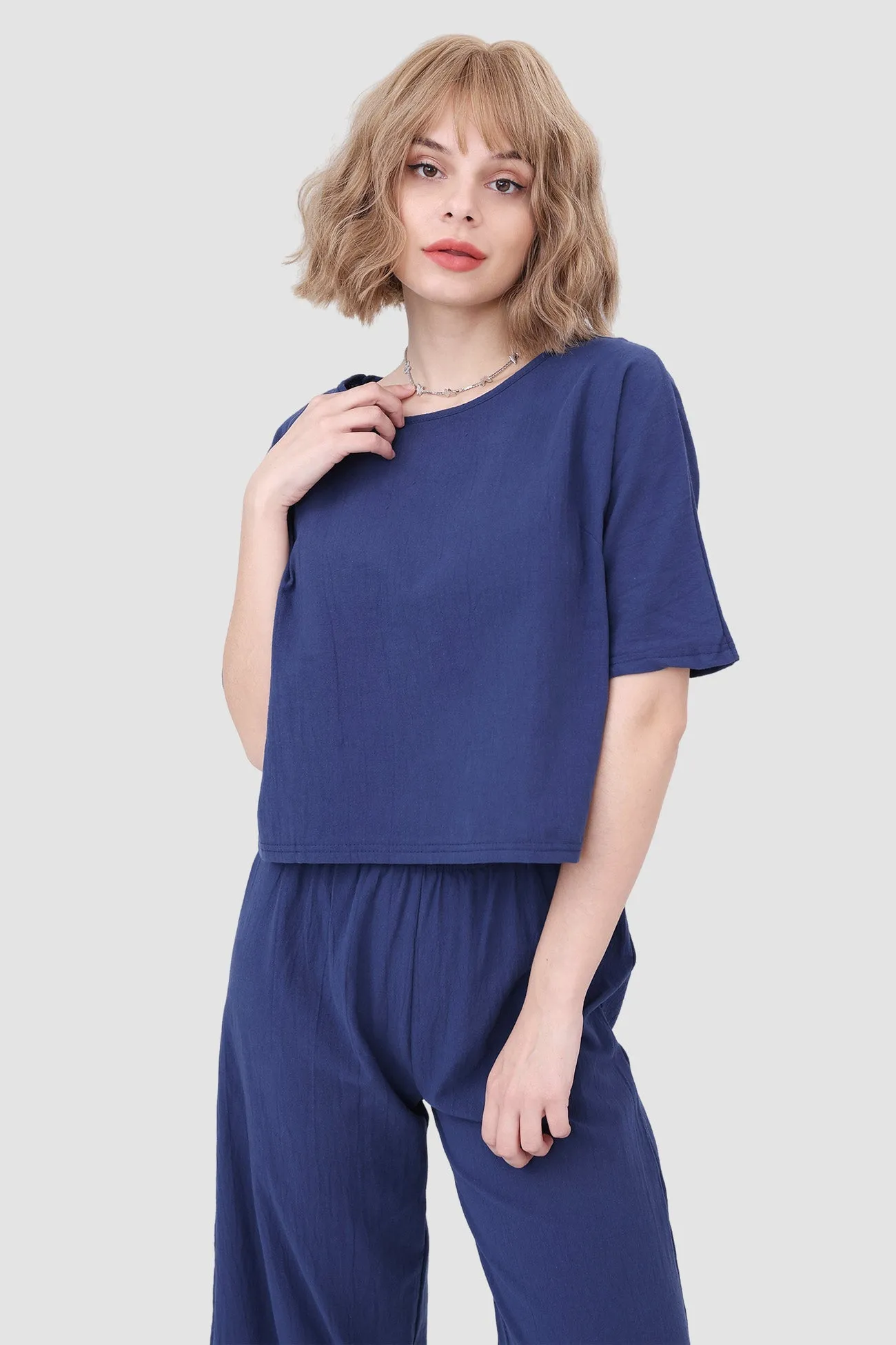 Solid Short Sleeve Top & Elastic Waist Pants